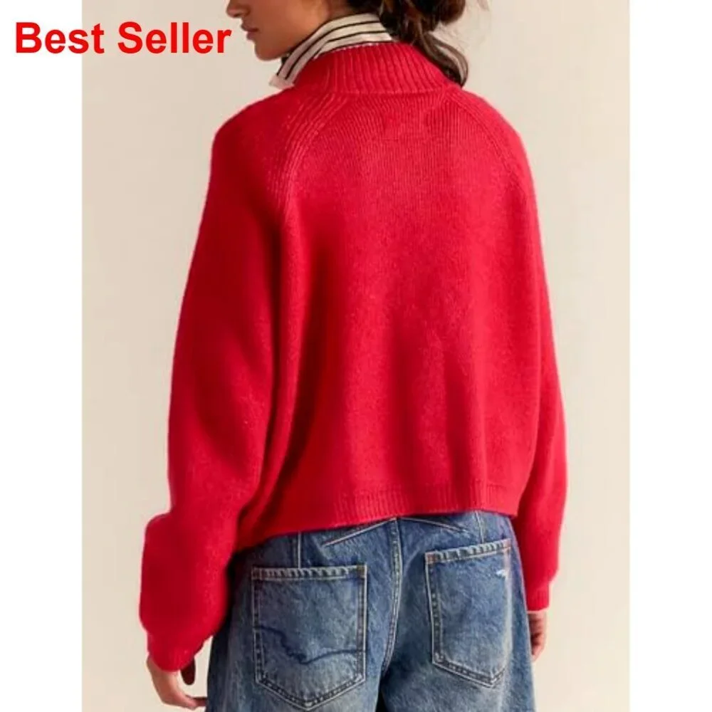 Chunky Knit Cropped Cardigan with Pockets, Zip Front, Mock Neck